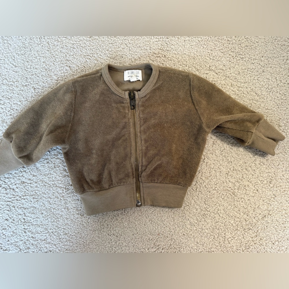 The Simple Folk Terry Zip Bomber Jacket 0-3M Olive Brown Never Worn